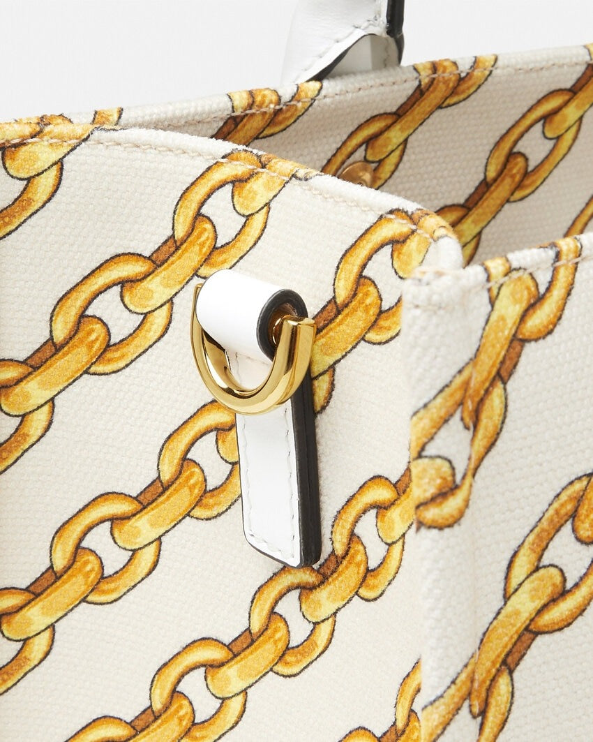 Versace Chain Stripes La Medusa Small Tote in Porcelain White/Multi/Gold