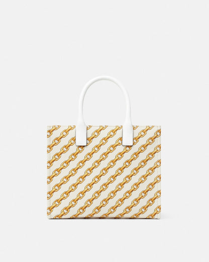 Versace Chain Stripes La Medusa Small Tote in Porcelain White/Multi/Gold