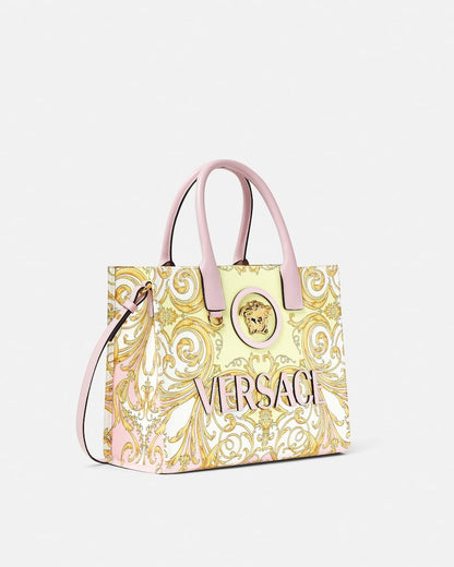 Versace La Medusa Printed Small Canvas Tote in Pink + Gold
