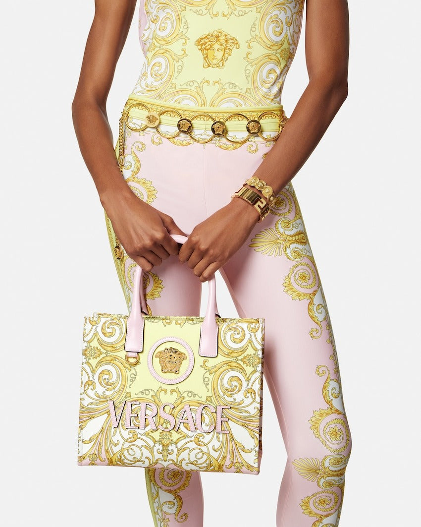 Versace La Medusa Printed Small Canvas Tote in Pink + Gold