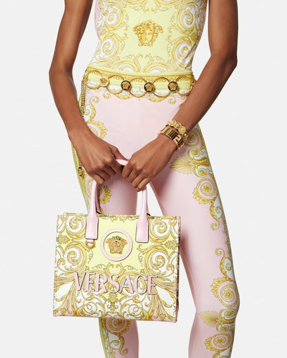 Versace La Medusa Printed Small Canvas Tote in Pink + Gold