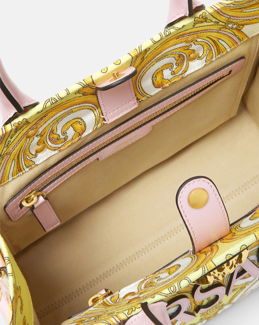 Versace La Medusa Printed Small Canvas Tote in Pink + Gold