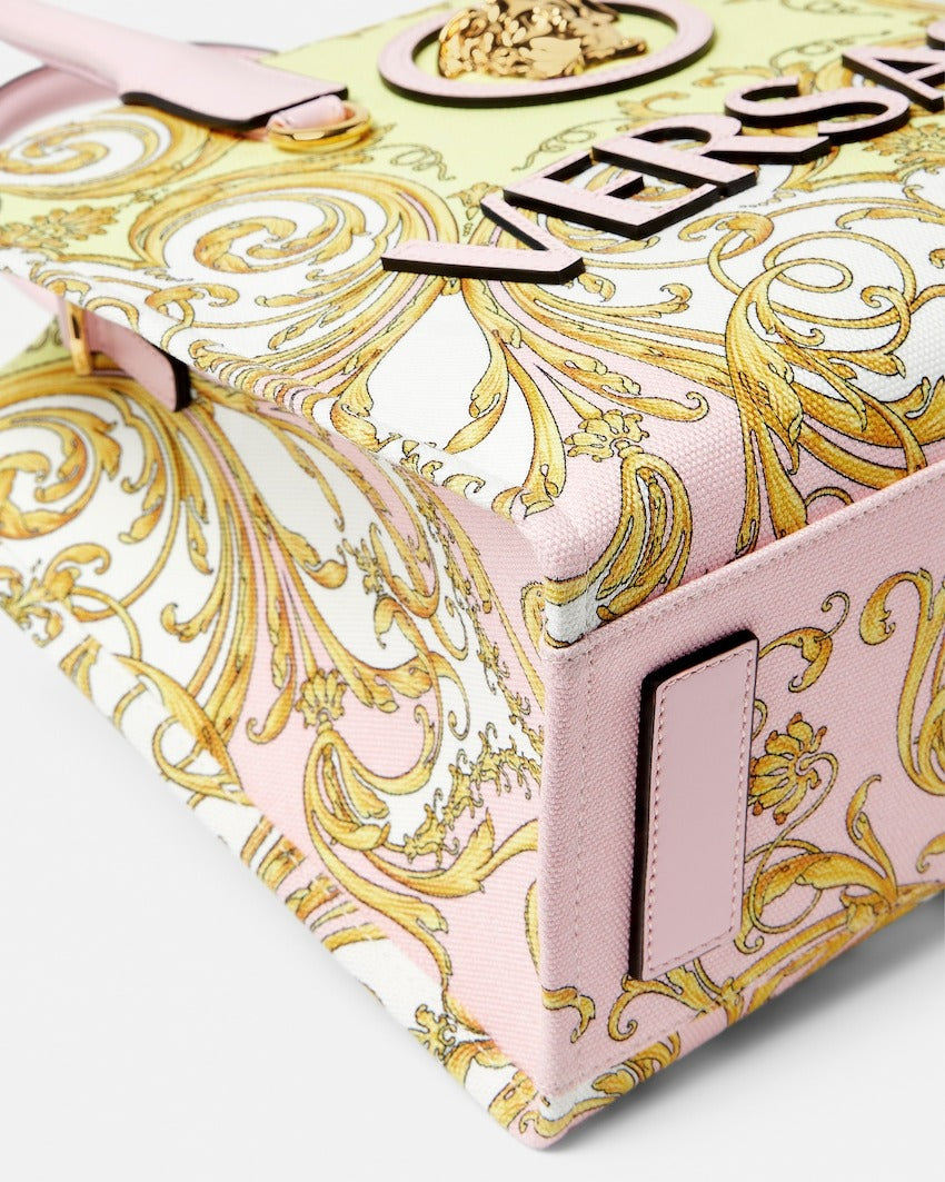 Versace La Medusa Printed Small Canvas Tote in Pink + Gold