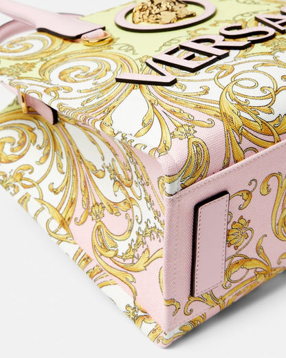 Versace La Medusa Printed Small Canvas Tote in Pink + Gold
