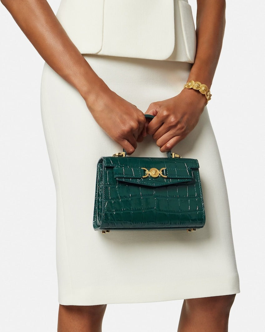 Versace Small Medusa '95 Small Croc-Effect Top-Handle in Dark