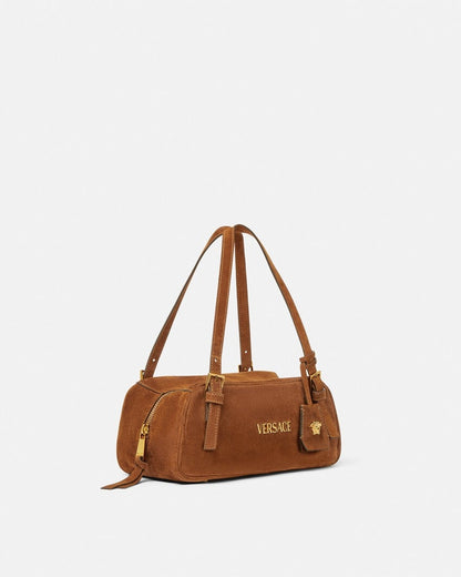 Versace Tag Suede Bowling Bag in Tobacco
