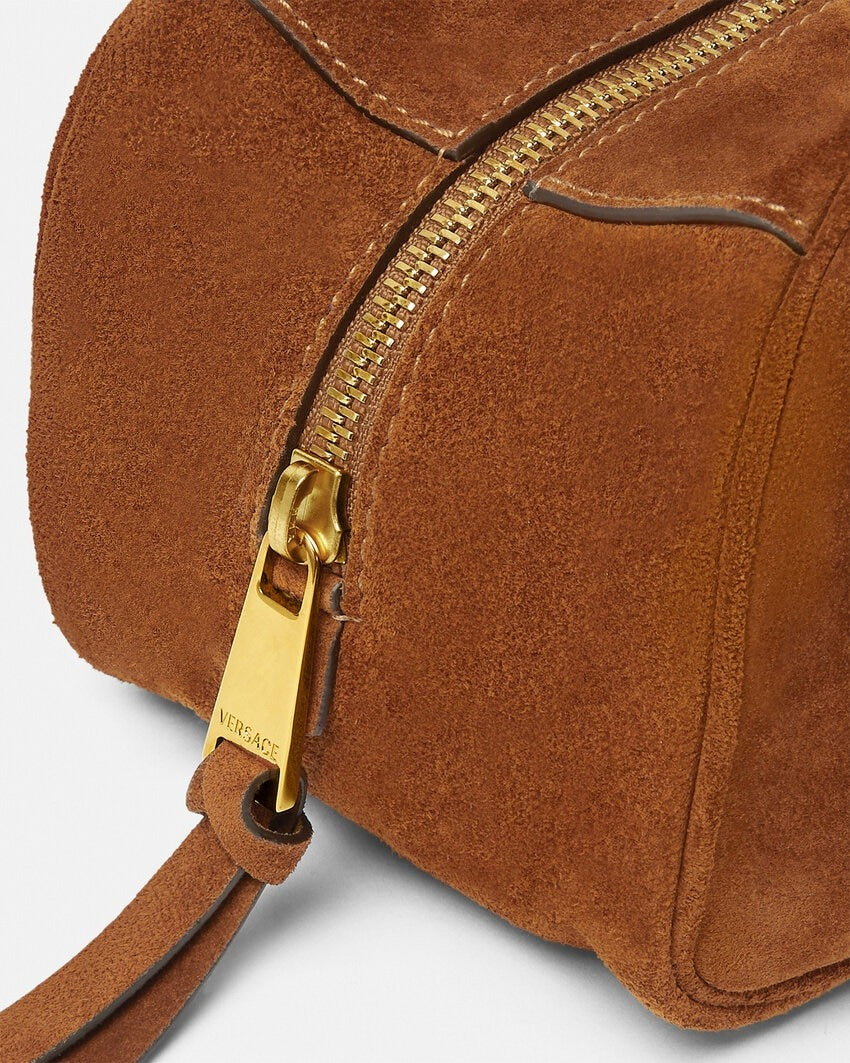 Versace Tag Suede Bowling Bag in Tobacco