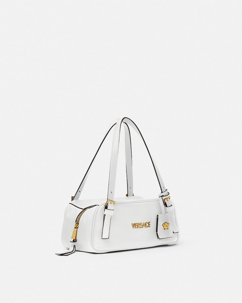 Versace Tag Nappa Bowling Bag in White + Gold