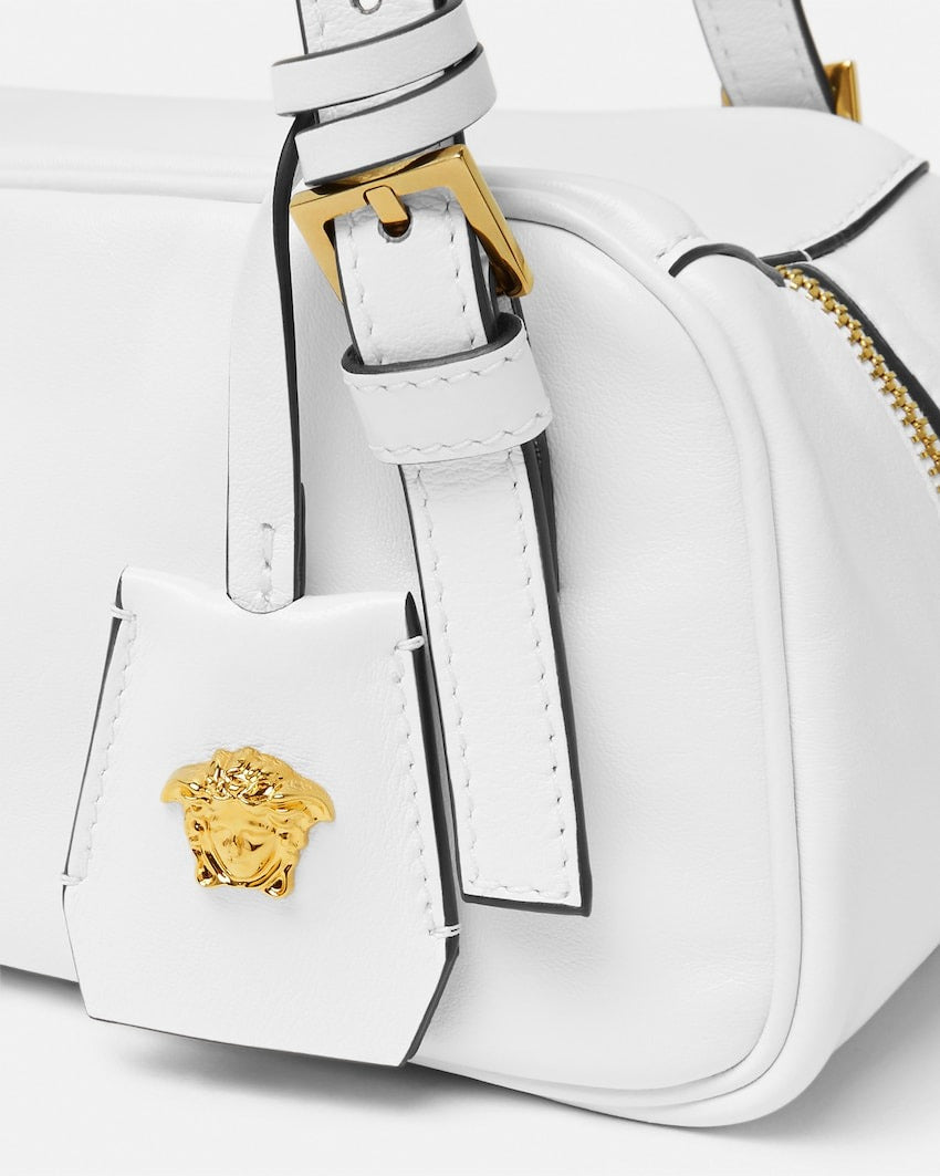 Versace Tag Nappa Bowling Bag in White + Gold