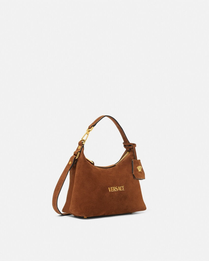 Versace Tag Suede Hobo Bag in Tobacco