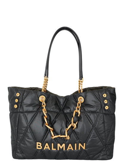 Balmain 1945 Soft Cabas-Grid Quilted Nylon Tote Bag in Noir