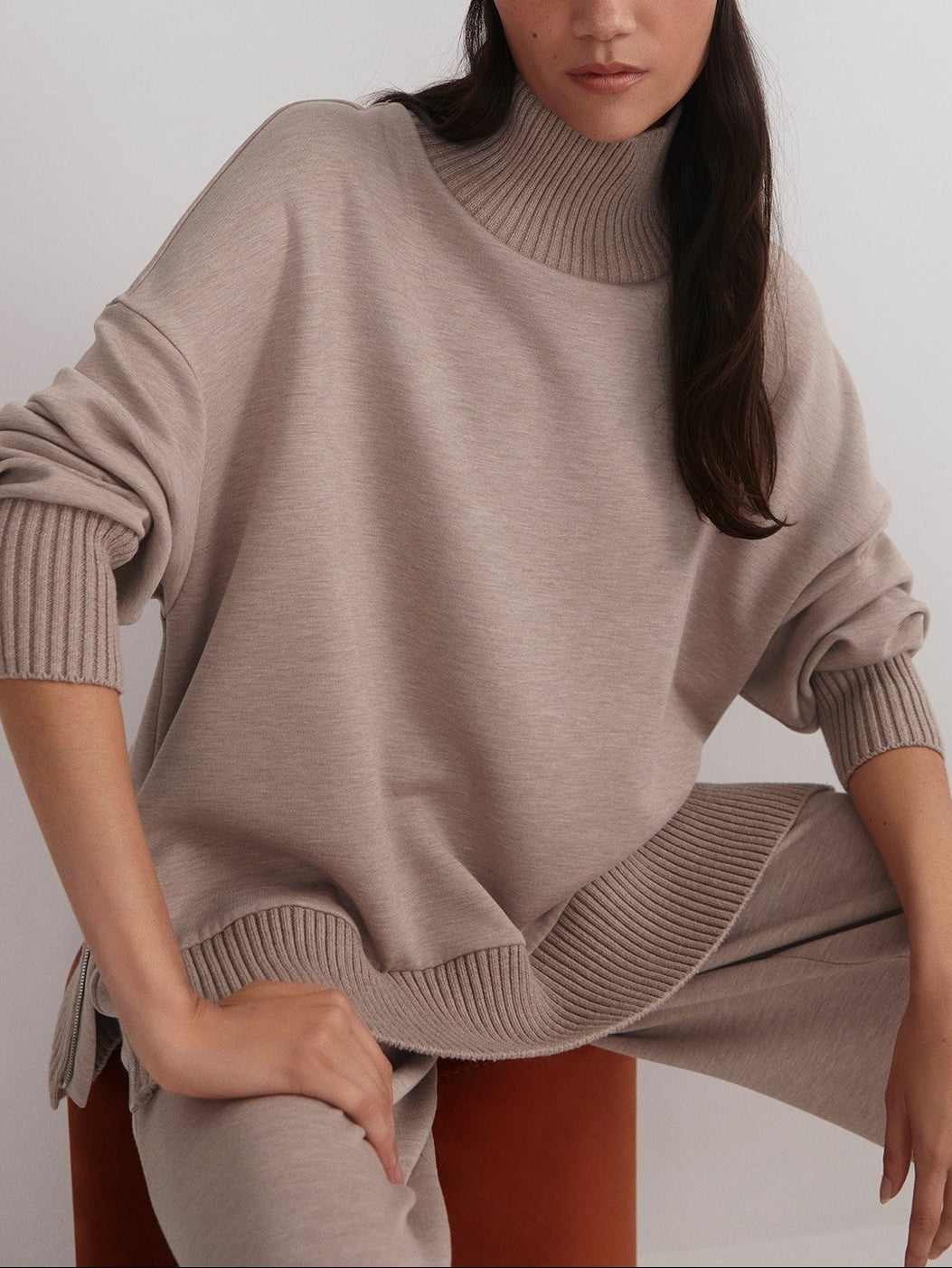 Varley Barker High Neck Sweat in Taupe Marl