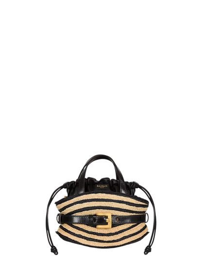 Balmain Mini Shuffle Bag in Smooth Leather and Raffia