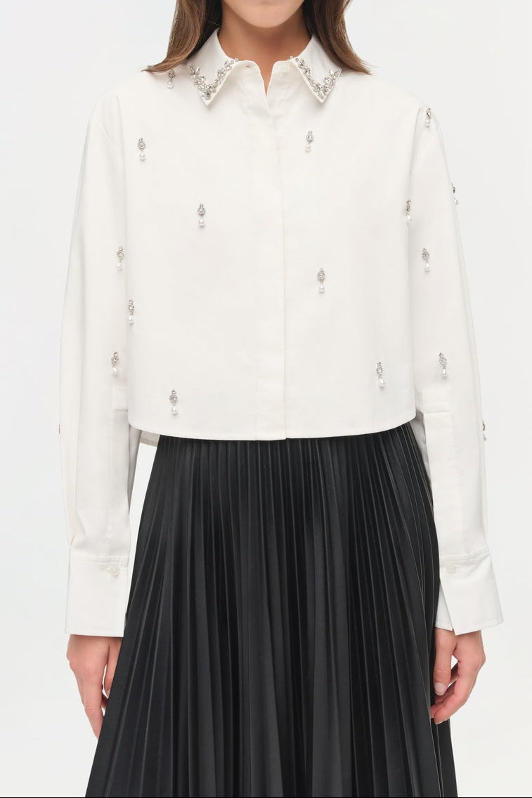 Simkhai Renata Embellished Cropped Button Down Shirt in White