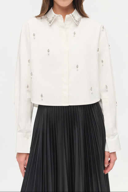 Simkhai Renata Embellished Cropped Button Down Shirt in White
