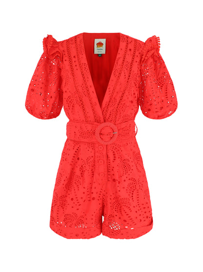Farm Rio Eyelet Beaded Belt Romper in Red