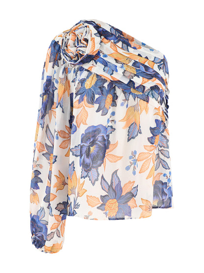 Farm Rio One Shoulder Blouse in Summer Flowers Off-White