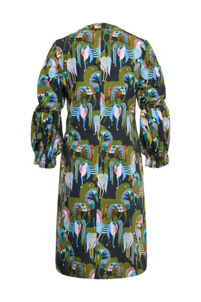Maison Common Cotton Zebra Print Shift Dress in Green Multi