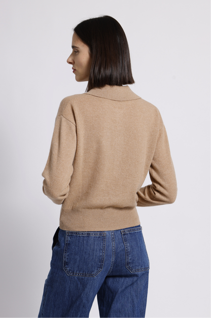 Minnie Rose Henley Polo Sweater With Pocket in Camel