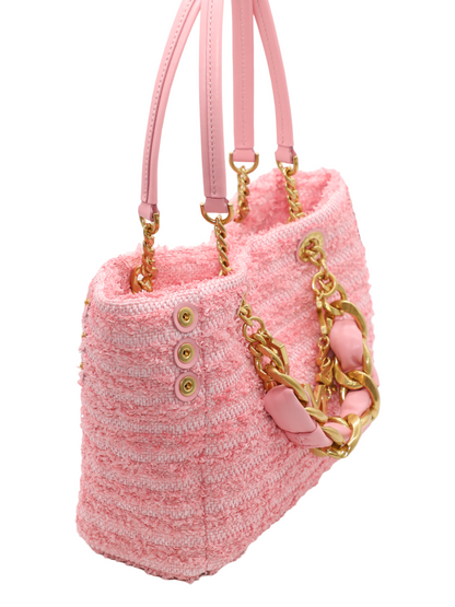 Balmain 1945 Soft Cabas Small-Raphia Tweed in Rose Bonbon