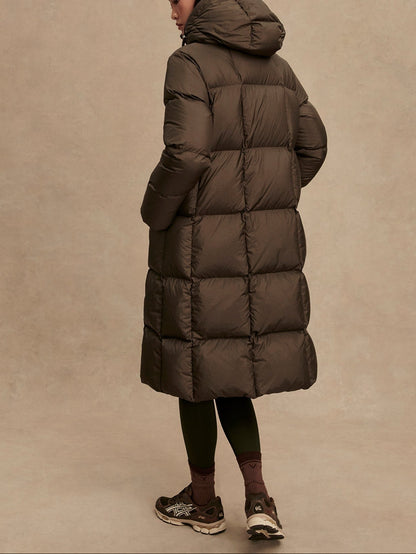 Varley Katya Long Down Puffer in Dark Olive Metallic