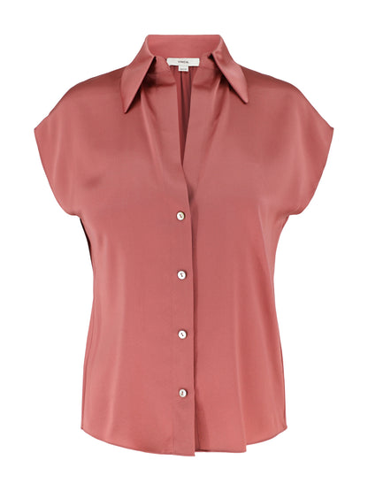 Vince Silk Cap-Sleeve Ruched-Back Blouse in Peony Wood