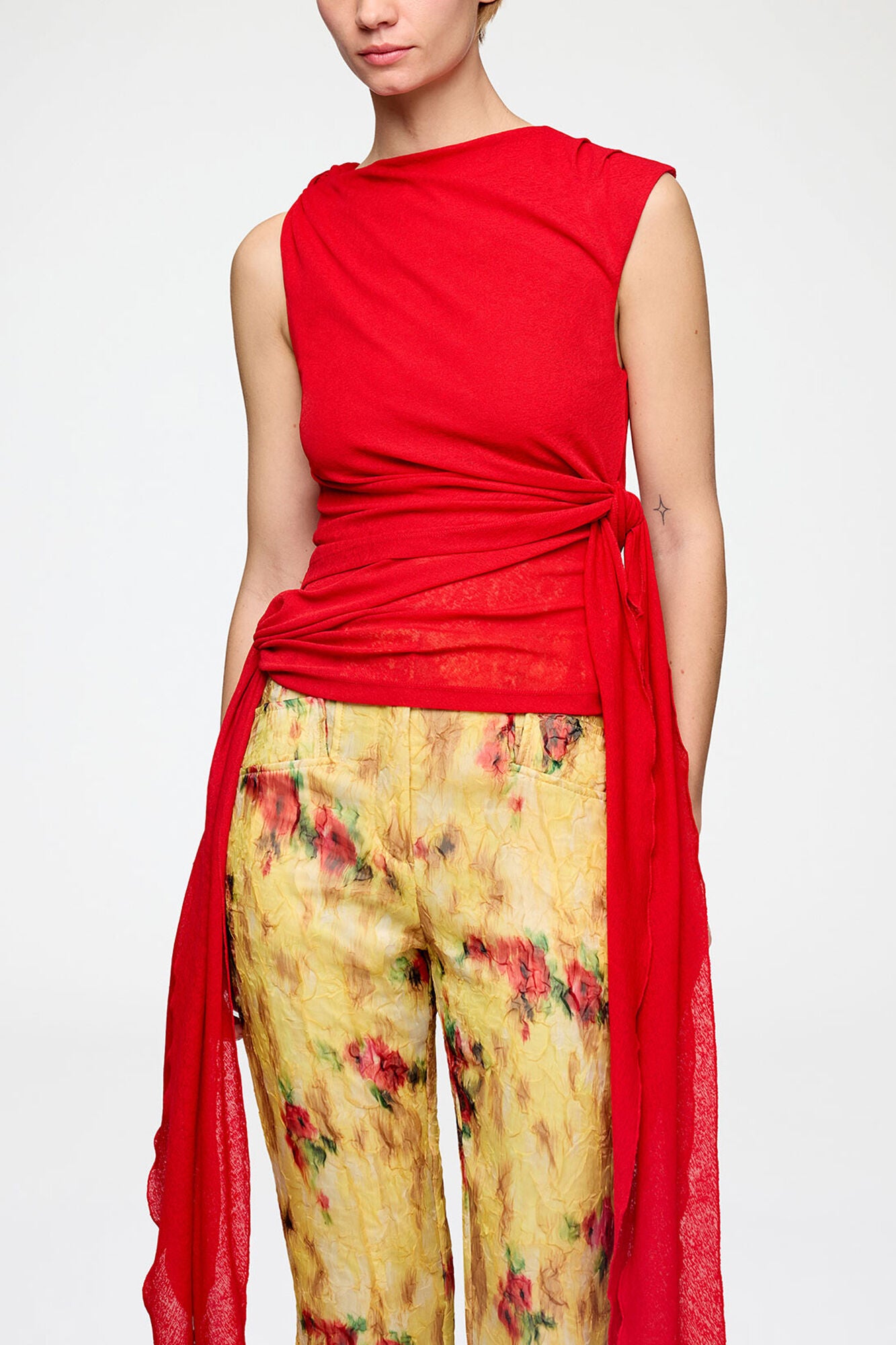 Ganni Marl Mesh Tie Knot Tank in Goji Berry