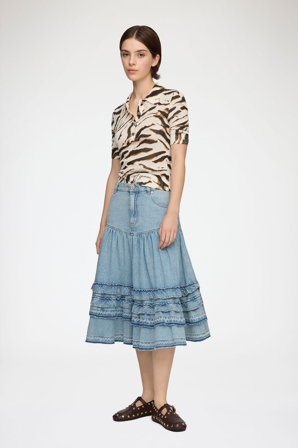 Ganni Sheer Printed Cotton Polo in Egret