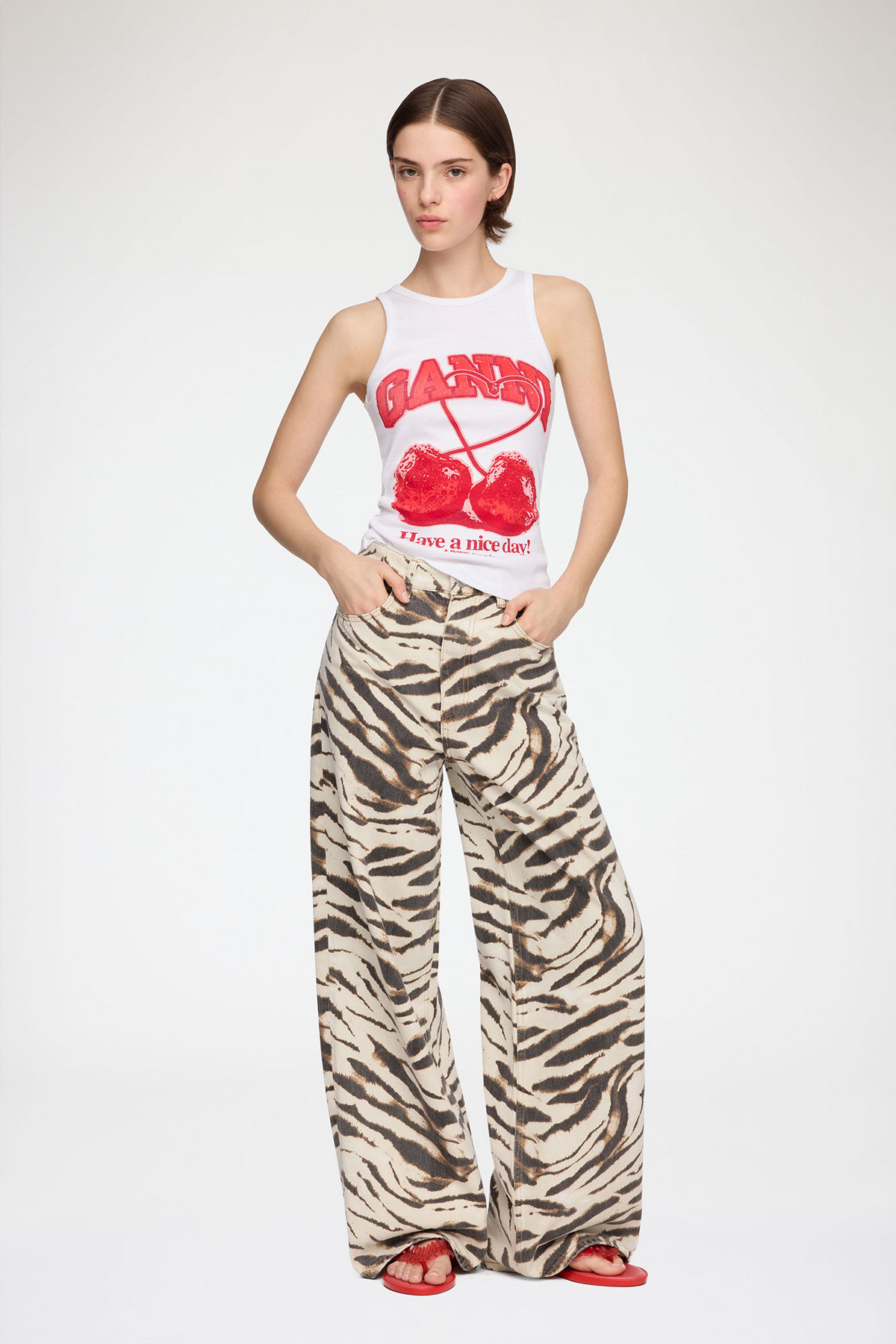 Ganni Print Denim Lari Jeans in Egret