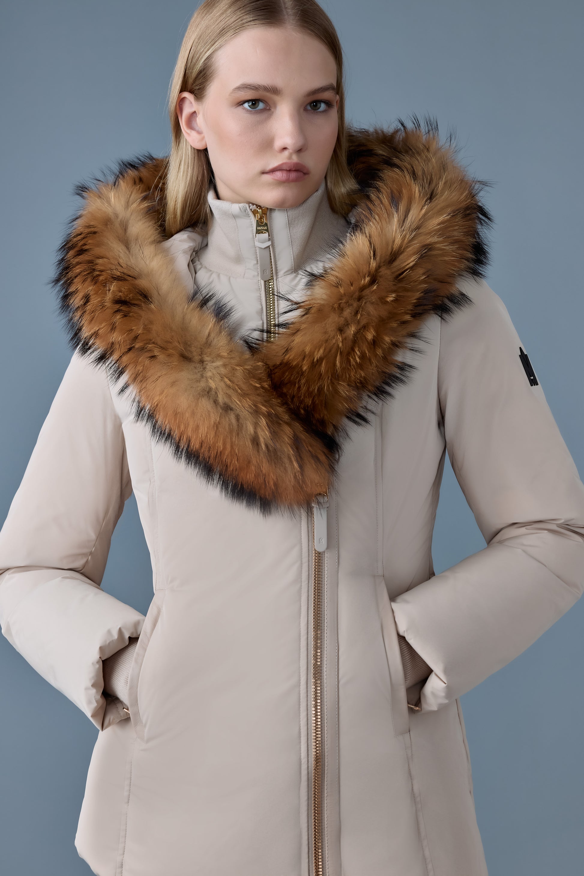 Mackage Down Coat with Natural Fur Collar in Trench/Gold – Leigh’s