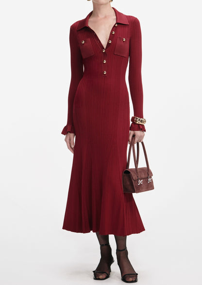 Self-Portrait Burgundy Ribbed Knit Midi Dress