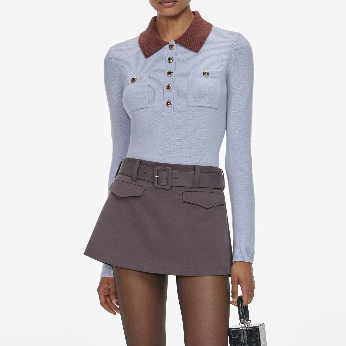 Self-Portrait Blue Contrast Collar Knit Top