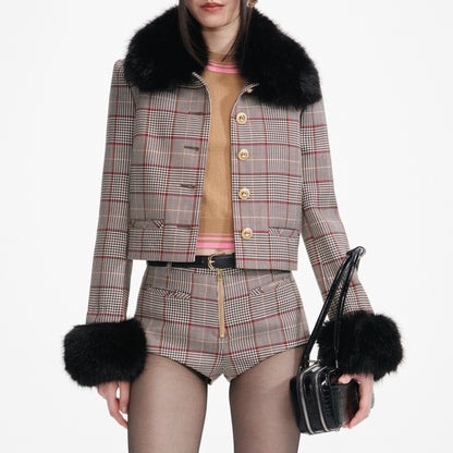 Self-Portrait Brown Check Fur Cuff Jacket