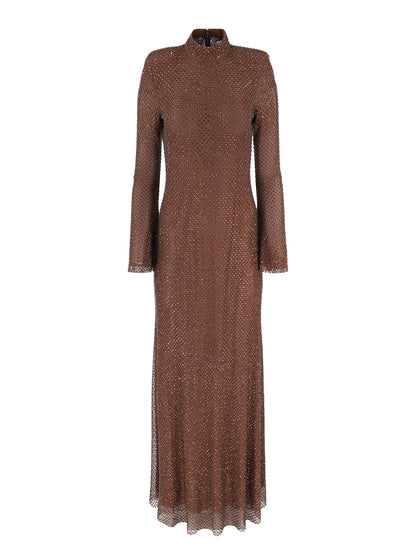 Self-Portrait Brown Rhinestone Mesh Maxi Dress