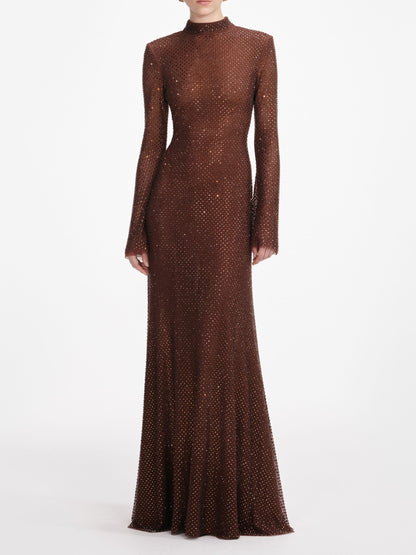 Self-Portrait Brown Rhinestone Mesh Maxi Dress