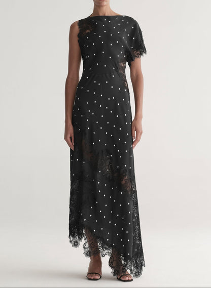 A.L.C. Alessia Polka Dot Crepe and Lace Maxi Dress in Black/Cream
