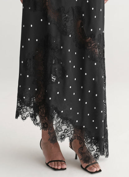 A.L.C. Alessia Polka Dot Crepe and Lace Maxi Dress in Black/Cream