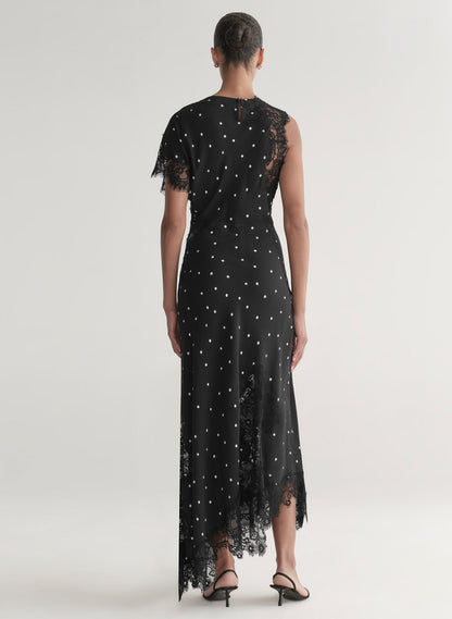 A.L.C. Alessia Polka Dot Crepe and Lace Maxi Dress in Black/Cream