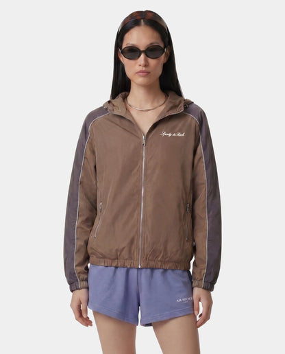 Sporty & Rich Serif Logo Gym Jacket in Sand/Carbon/White