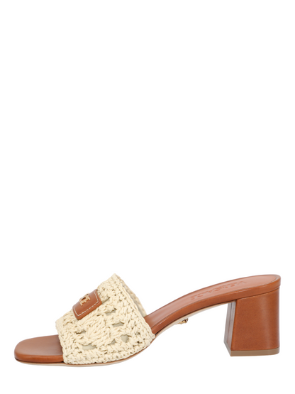 Versace Logo Raffia and Leather Mule Sandals