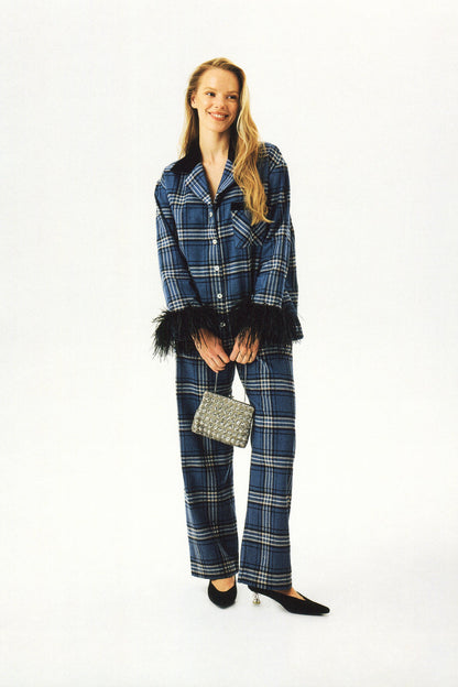 Sleeper Checked Cotton-Flannel Set With Detachable Feathers in Navy Checkered