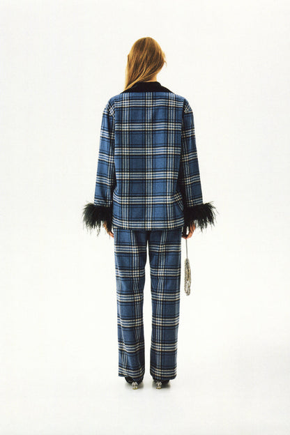 Sleeper Checked Cotton-Flannel Set With Detachable Feathers in Navy Checkered