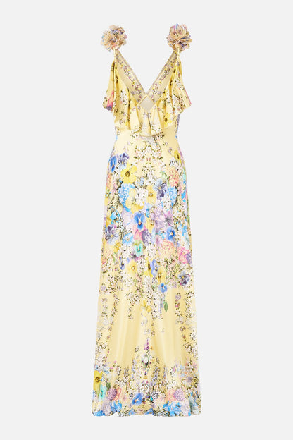Camilla V-Neck Bias Slip Dress With Back Frill in Darling Buds