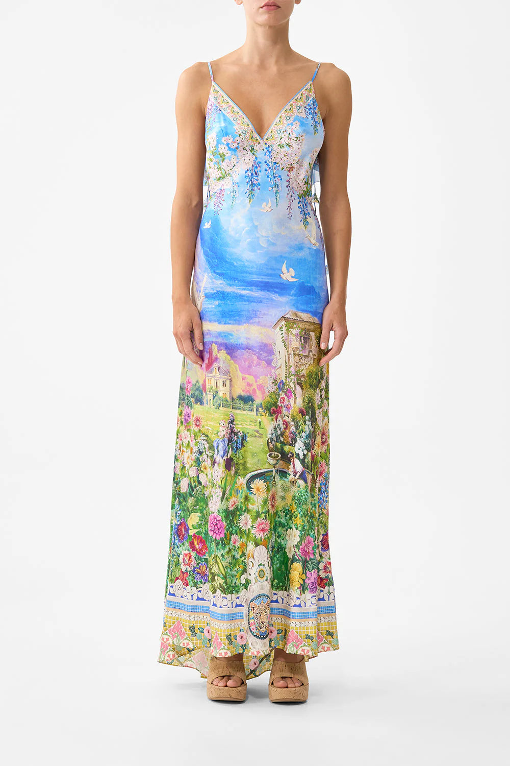 Camilla V Neck Bias Slip Dress with Back Frill in Navas Nouveau