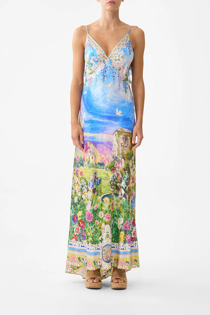 Camilla V Neck Bias Slip Dress with Back Frill in Navas Nouveau