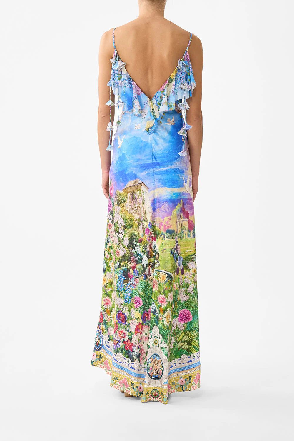Camilla V Neck Bias Slip Dress with Back Frill in Navas Nouveau