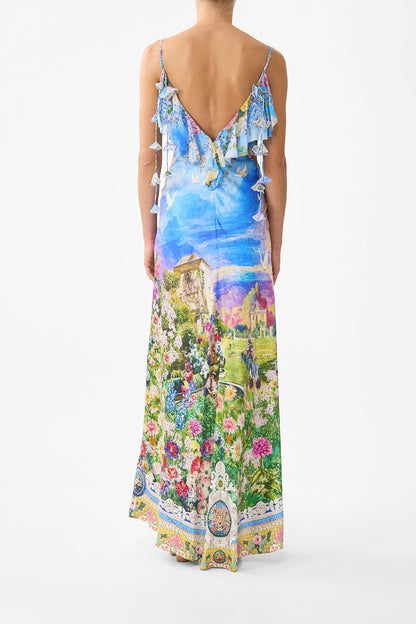 Camilla V Neck Bias Slip Dress with Back Frill in Navas Nouveau