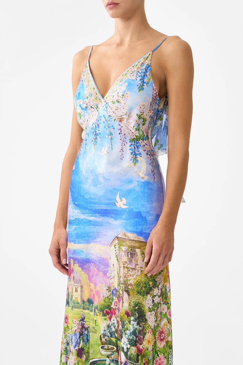 Camilla V Neck Bias Slip Dress with Back Frill in Navas Nouveau