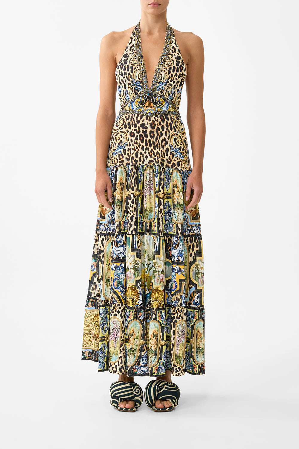Camilla Halter Jersey Dress with Tiered Skirt in Sevillian Style