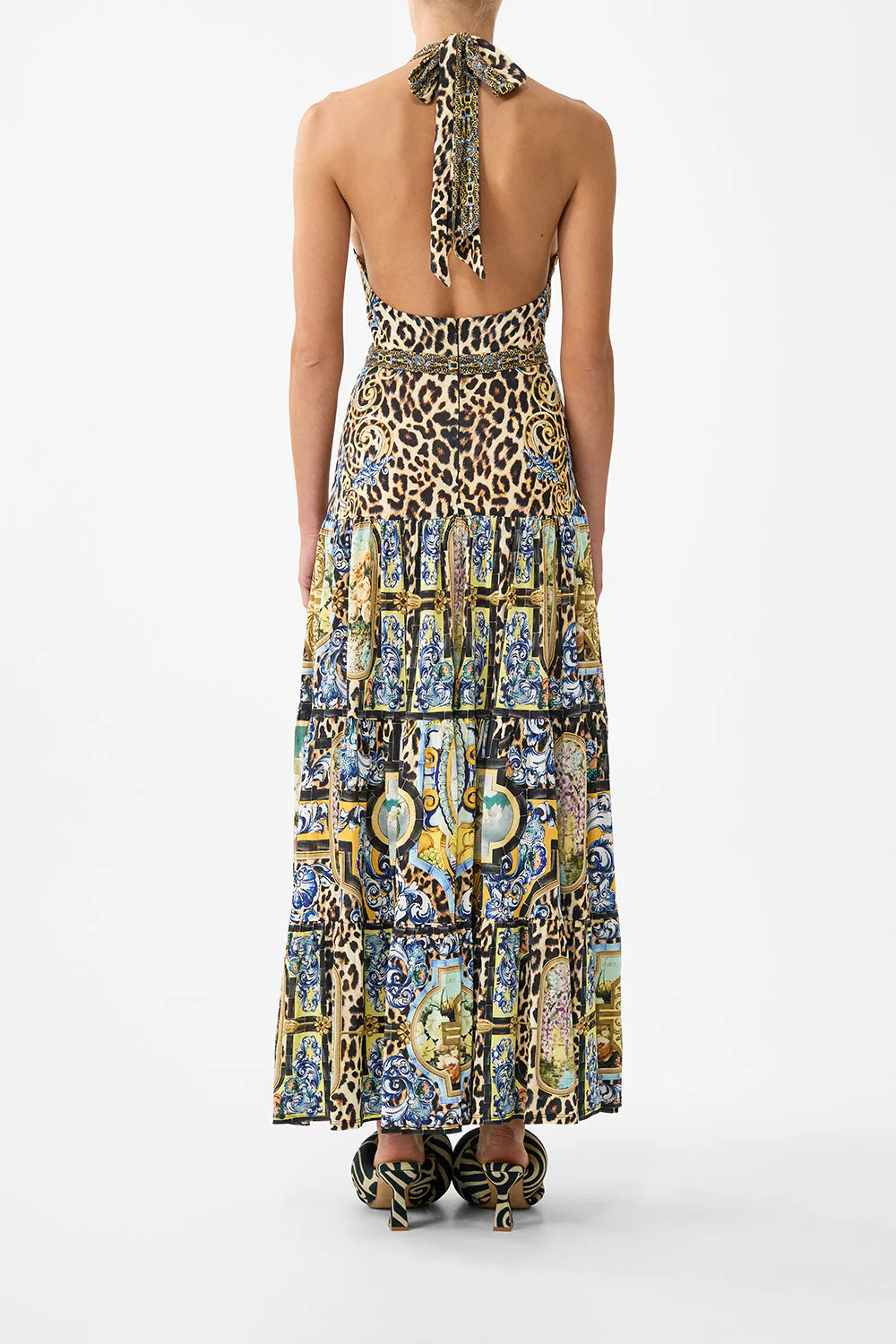 Camilla Halter Jersey Dress with Tiered Skirt in Sevillian Style